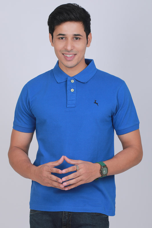 Men's Blue Pique Polo T-shirt with Logo Embroidery