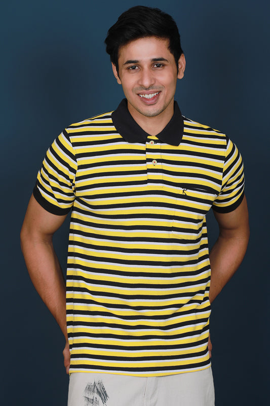 Men's White/Yellow/Black Striped Pique Polo T-shirt