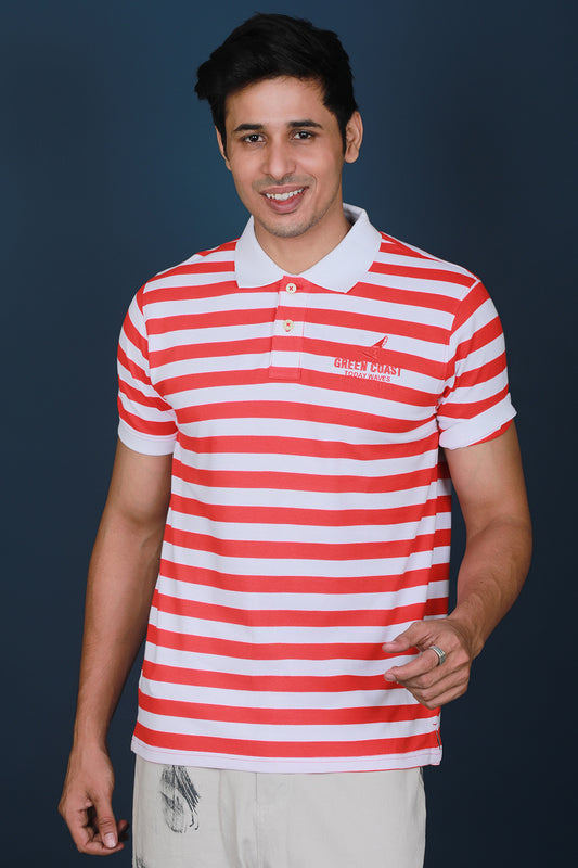 Men's Red/White Striped Pique Polo T-shirt