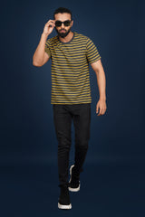 Men's Black/Yellow striped round neck t-shirt