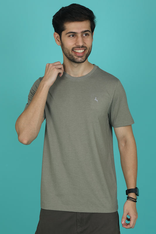 Men's Olive Melange Round Neck T-shirt with Logo