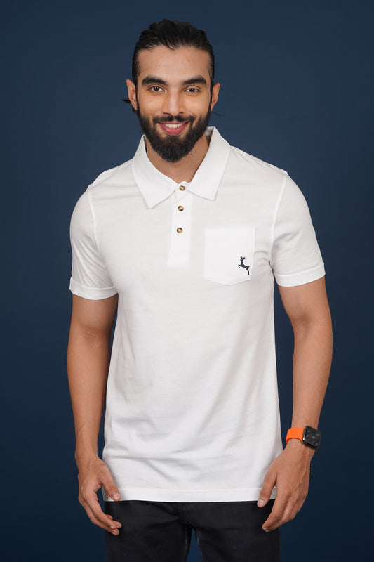 Men's Pure white single jersey polo t-shirt with pocket