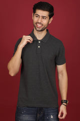 Men's Charcoal Melange Enzyme Wash Pique Polo T-shirt