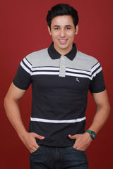 Men's Dark Navy/White/Grey Striped Single Jersey Polo T-shirt