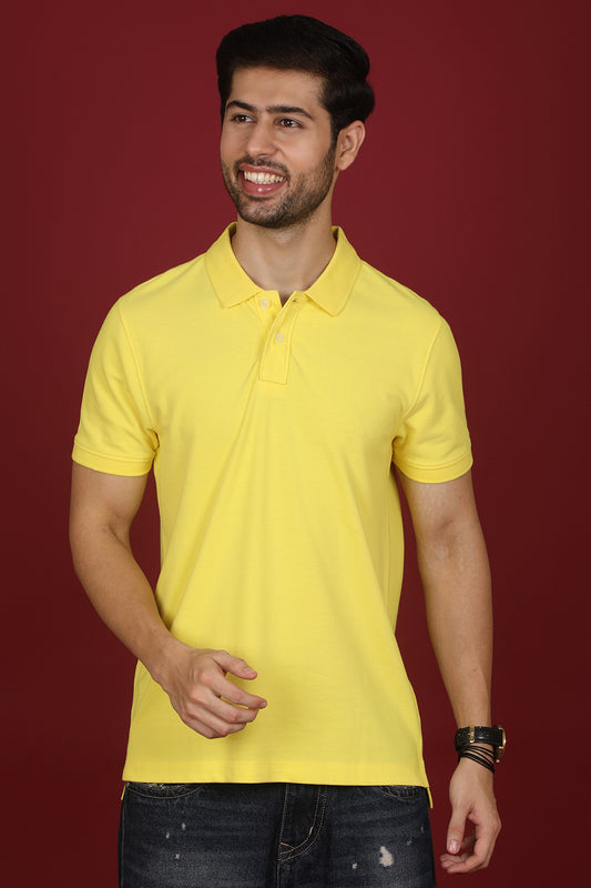 Men's Yellow Enzyme Wash Pique Polo T-shirt