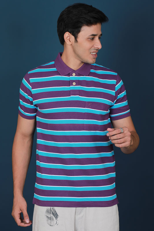 Men's Purple/Blue/White Striped Pique Polo T-shirt