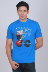 Men's Blue Printed Single Jersey Round Neck T-shirt