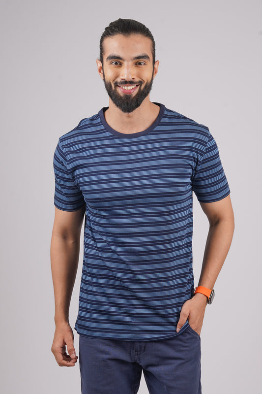 Men's Light Blue/Navy striped round neck t-shirt