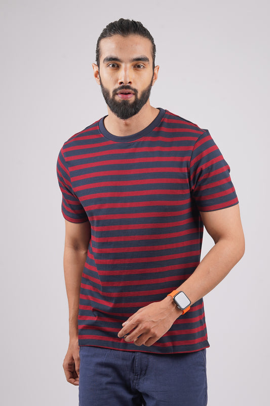 Men's Navy/Maroon striped round neck t-shirt