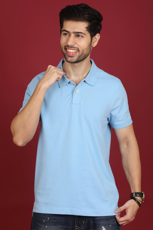 Men's Sky Blue Enzyme Wash Pique Polo T-shirt