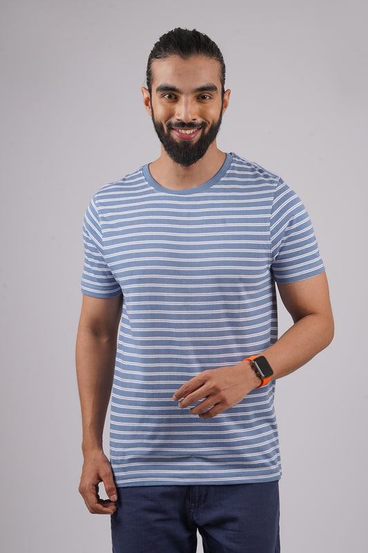 Men's Light Blue/White striped round neck t-shirt