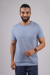 Men's Light Blue/White striped round neck t-shirt