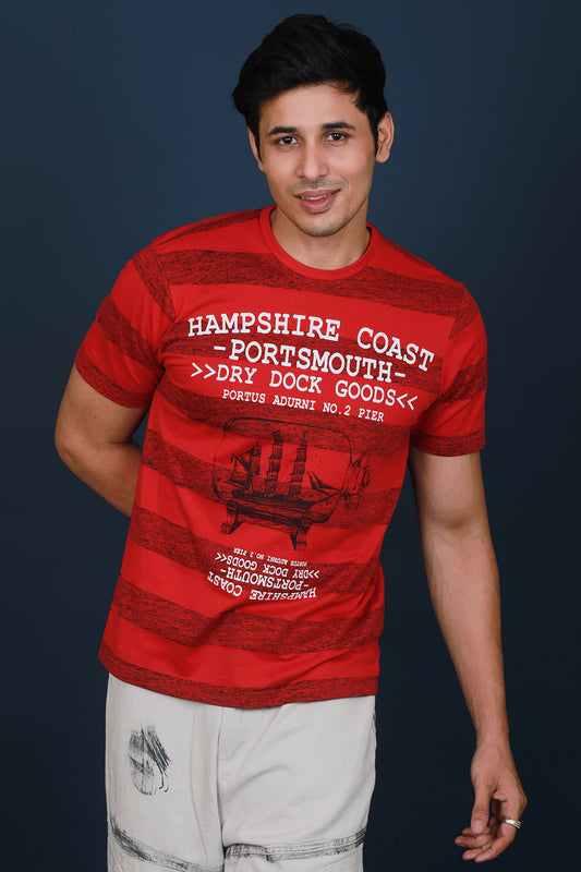 Men's Red Single Jersey Printed Round Neck T-shirt