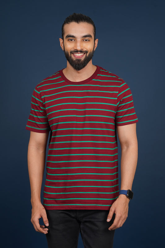 Men's Maroon/Leaf Green striped round neck t-shirt