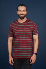 Men's Maroon/Leaf Green striped round neck t-shirt