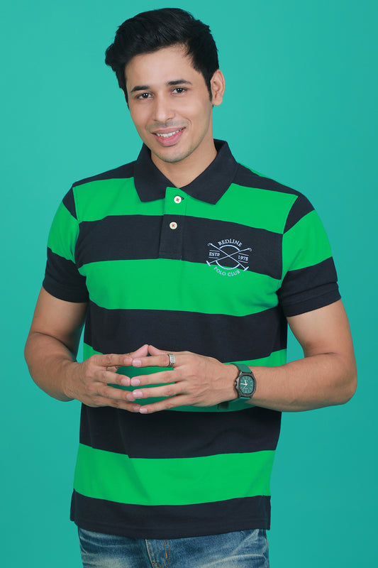 Men's Dark Green/Navy Striped Pique Polo T-shirt