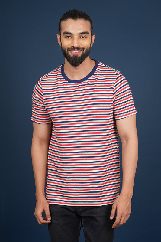 Men's Navy/Light Grey/Red striped round neck t-shirt