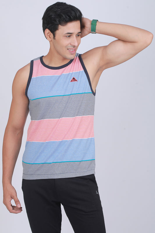 Men's White/Blue/Red Single Jersey Sleeveless Striped T-shirt