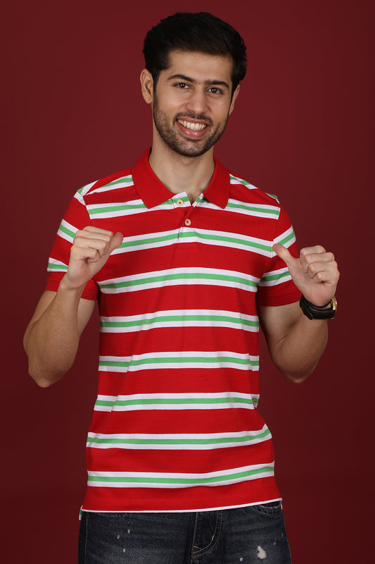 Men's Red/White/Green Striped Single Jersey Polo T-shirt