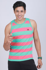 Men's Aqua/Coral Single Jersey Sleeveless Striped T-shirt