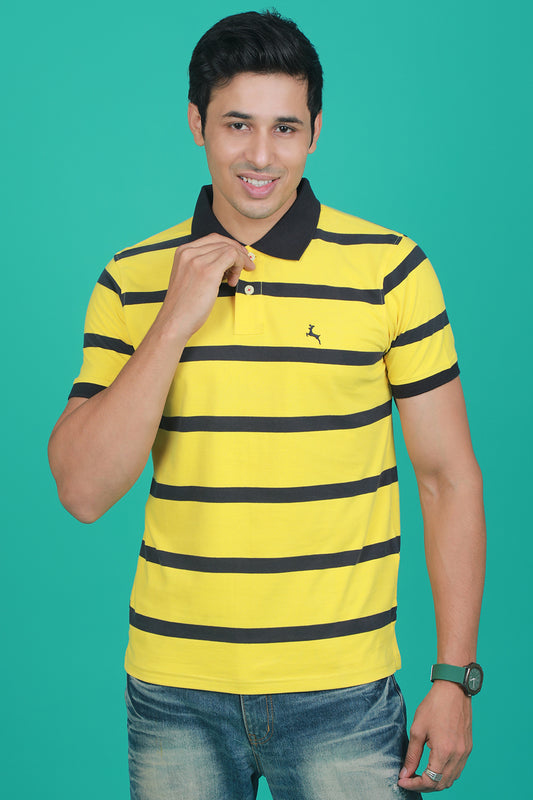 Men's Cyber Yellow/Black Striped Single Jersey Polo T-shirt