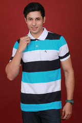 Men's Dark Navy/White/Blue Striped Pique Polo T-shirt