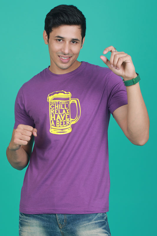 Men's Purple Printed Single Jersey Round Neck T-shirt