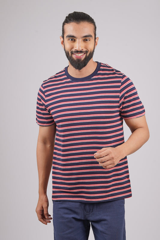 Men's Navy/Red striped round neck t-shirt