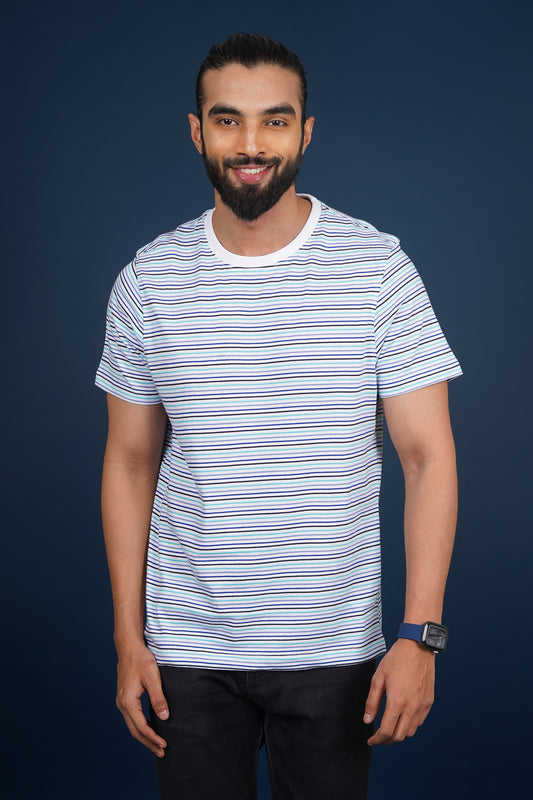 Men's White/Blue striped round neck t-shirt