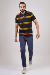 Mens Black/Yellow/Orange Striped single jersey polo t-shirt