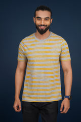 Men's Grey Mel/Yellow striped round neck t-shirt