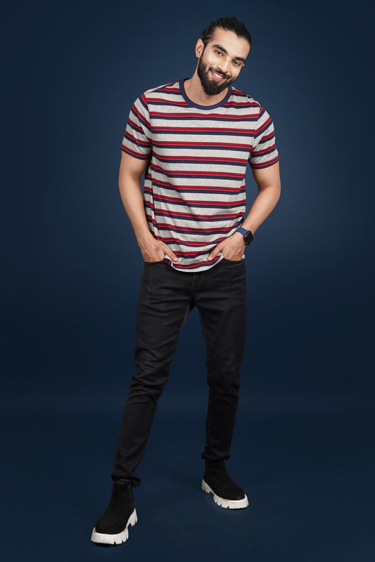 Men's Navy/Maroon/Light Grey striped round neck t-shirt