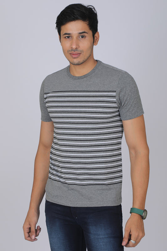 Men's Anthra Mel/White Striped Round Neck T-shirt