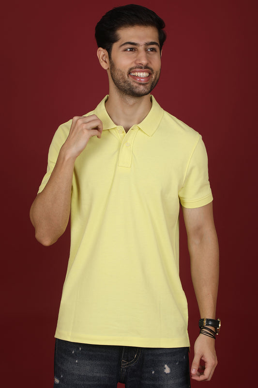 Men's Light Yellow Enzyme Wash Pique Polo T-shirt