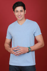 Men's Blue Melange V-neck T-shirt