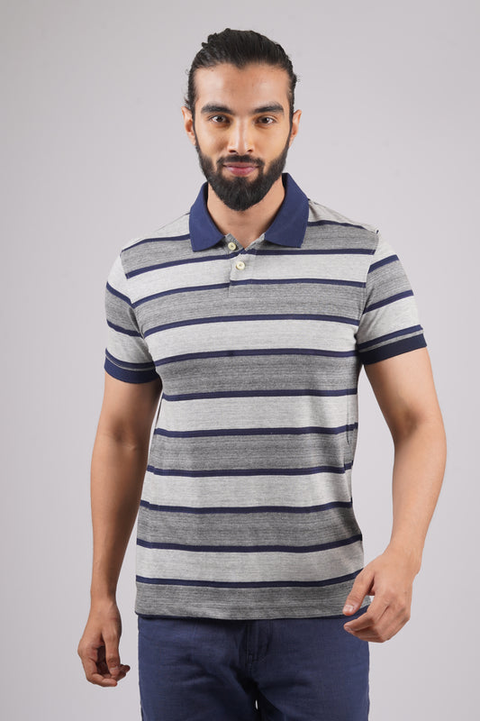 Mens Grey/Navy Striped single jersey polo t-shirt