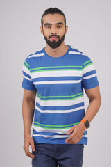 Men's Blue/White/Green striped round neck t-shirt