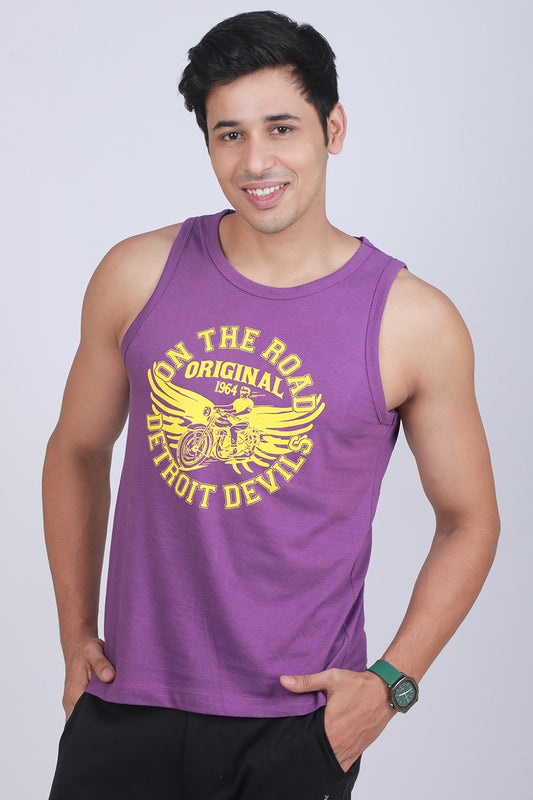 Men's Imperial Purple Single Jersey Sleeveless Printed T-shirt