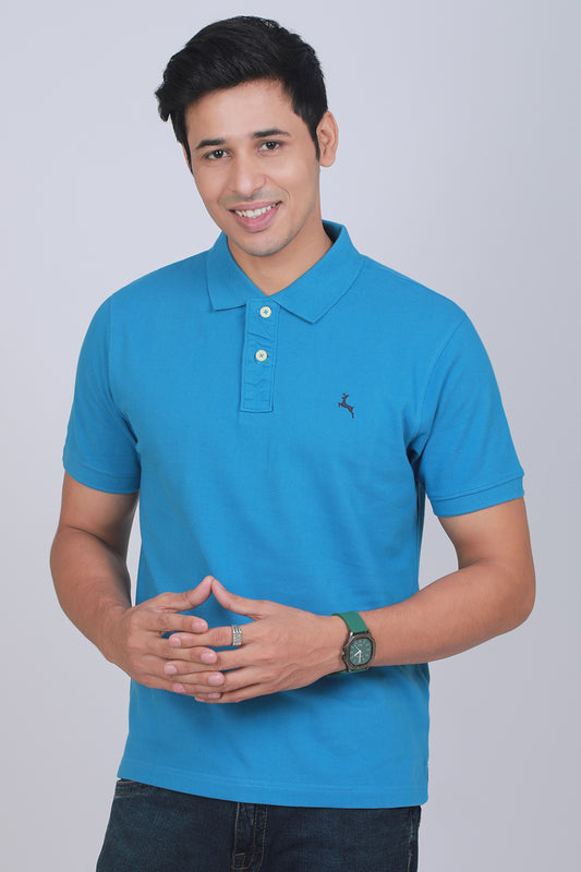 Men's Teal Blue Pique Polo T-shirt with Logo Embroidery