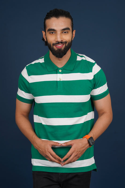 Men's Green/White Striped single jersey polo t-shirt