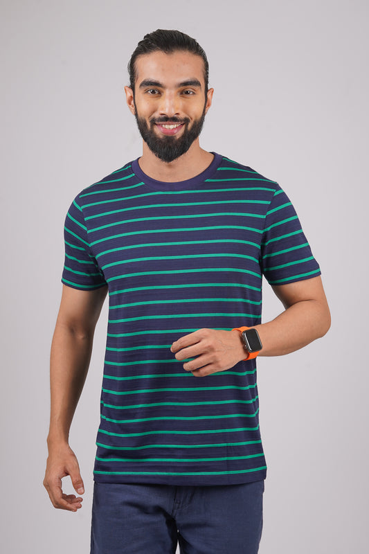 Men's Navy/Leaf Green striped round neck t-shirt