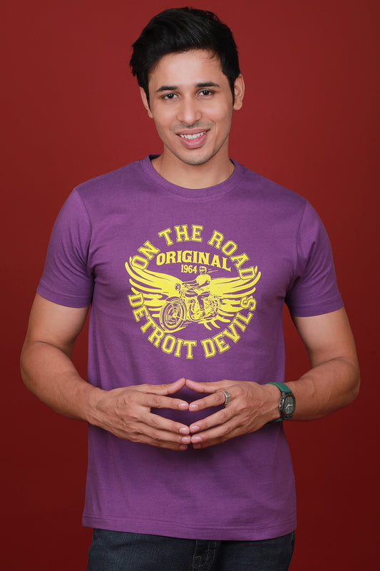 Men's Purple Printed Single Jersey Round Neck T-shirt