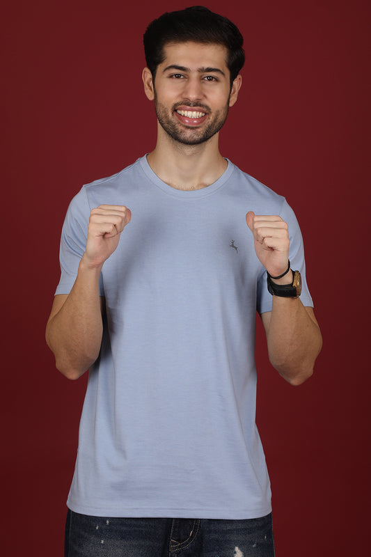 Men's Light Blue Melange Round Neck T-shirt with Logo