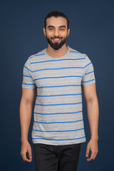 Men's Grey Melange/Blue striped round neck t-shirt