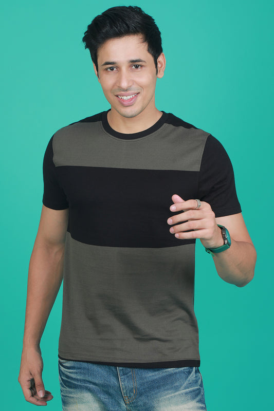 Men's Navy/Green Striped Round Neck T-shirt