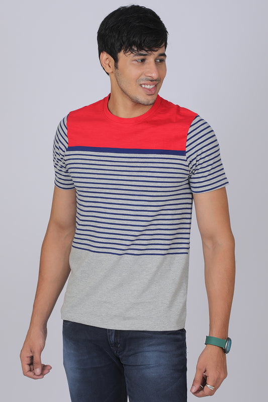 Men's Grey/Red/Blue Striped Round Neck T-shirt