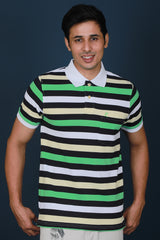 Men's Pastel Yellow/Green/White/Black Striped Pique Polo T-shirt