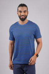 Men's Blue/Black Striped round neck t-shirt