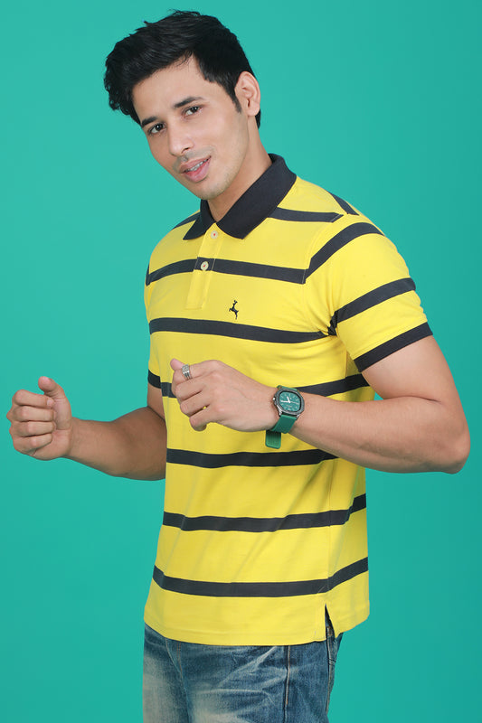 Men's Cyber Yellow/Black Striped Single Jersey Polo T-shirt