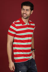 Men's Red/White/Green Striped Single Jersey Polo T-shirt